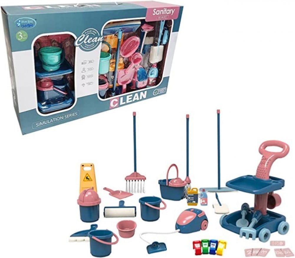 لعبة التنظيف للاطفال من بلوبيرد، 22 قطعة تشمل مكنسة وممسحة وفرشاة ومجرفة غبار ومنفضة واسفنج ورذاذ ودلو وعلامة تحذير وما الى ذلك - مجموعة تنظيف اصلية للاطفال الصغار