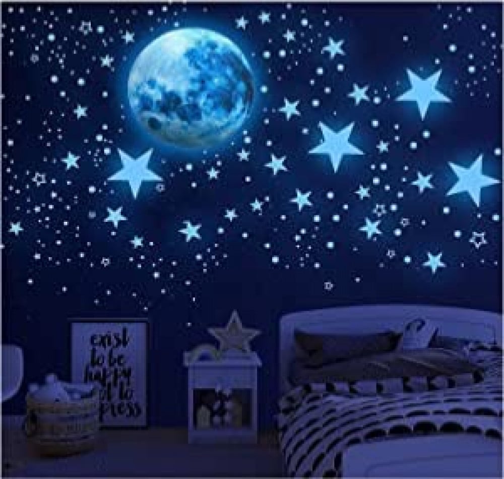 ملصقات جدارية من بورينج جلو إن ذا دارك ستارز للسقف والنجوم والقمر ، 1003 قطعة من ديكورات الحائط لغرف الأطفال ونجوم السقف ، مثالية للأطفال وغرفة النوم وغرفة المعيشة ، وديكور المنزل