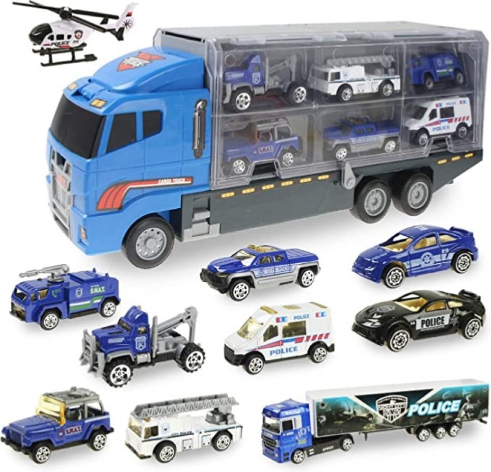 العاب شرطة النجدة من جويفيا، مجموعة مكونة من 10 سيارات في الشاحنة الواحدة، شاحنة دورية شرطة النجدة، شاحنة شرطة صغيرة لنقل السيارة، لعب اطفال من سن 3 سنوات فما فوق تناسب الاولاد والبنات