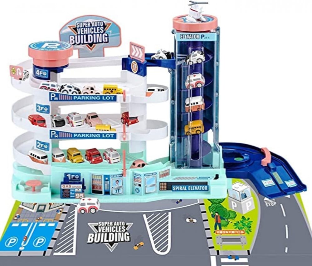 لعبة مجموعة مضمار المرآب للاطفال - مع 4 سيارات وطائرة هليكوبتر | لعبة موقف السيارات مع صوت خفيف، مسار سباق من 3 مستويات. العلامة التجارية: